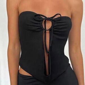 Black Strapless Tie-Front Top